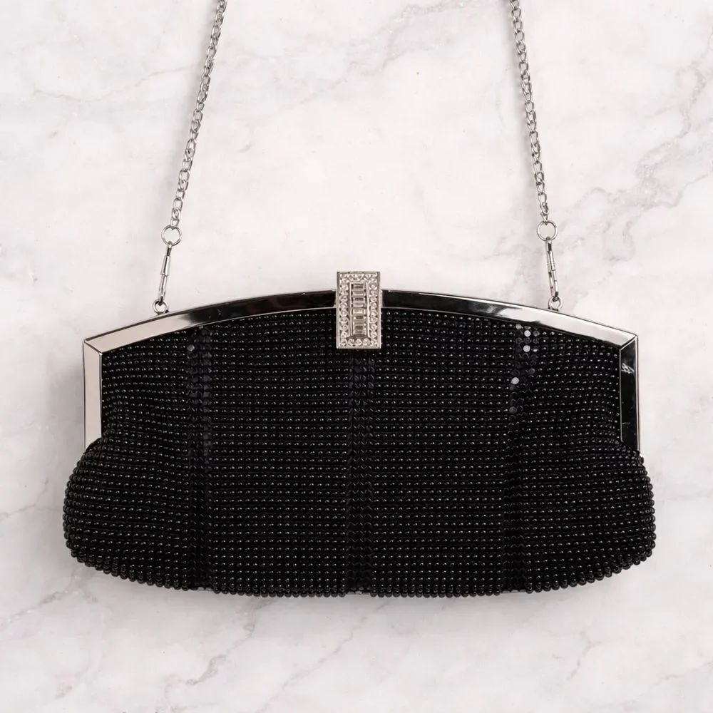 Kate Landry Black Beaded Evening Clutch Silver Frame Chain Strap Handbag